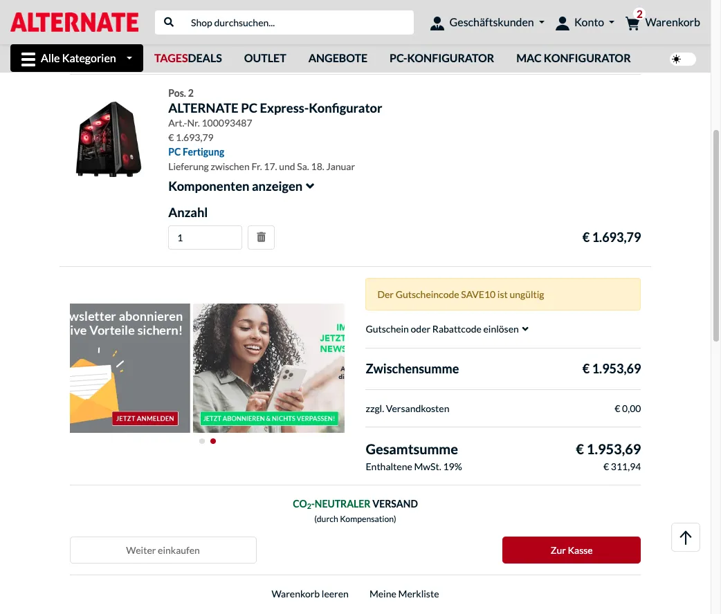 Gutscheine bei ALTERNATE einlösen